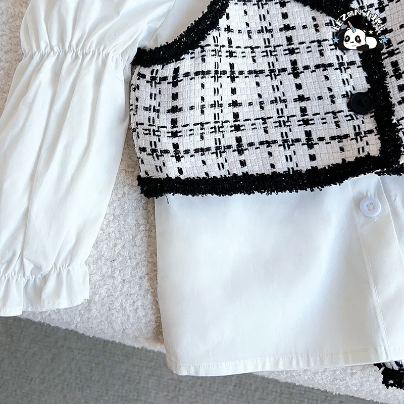 LEZONKIDS - 2023 spring girls shirt sling top  half skirt set  Black and white square grid girls clothing